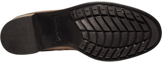 Zool van taupe leren enkellaars met profiel en logo.