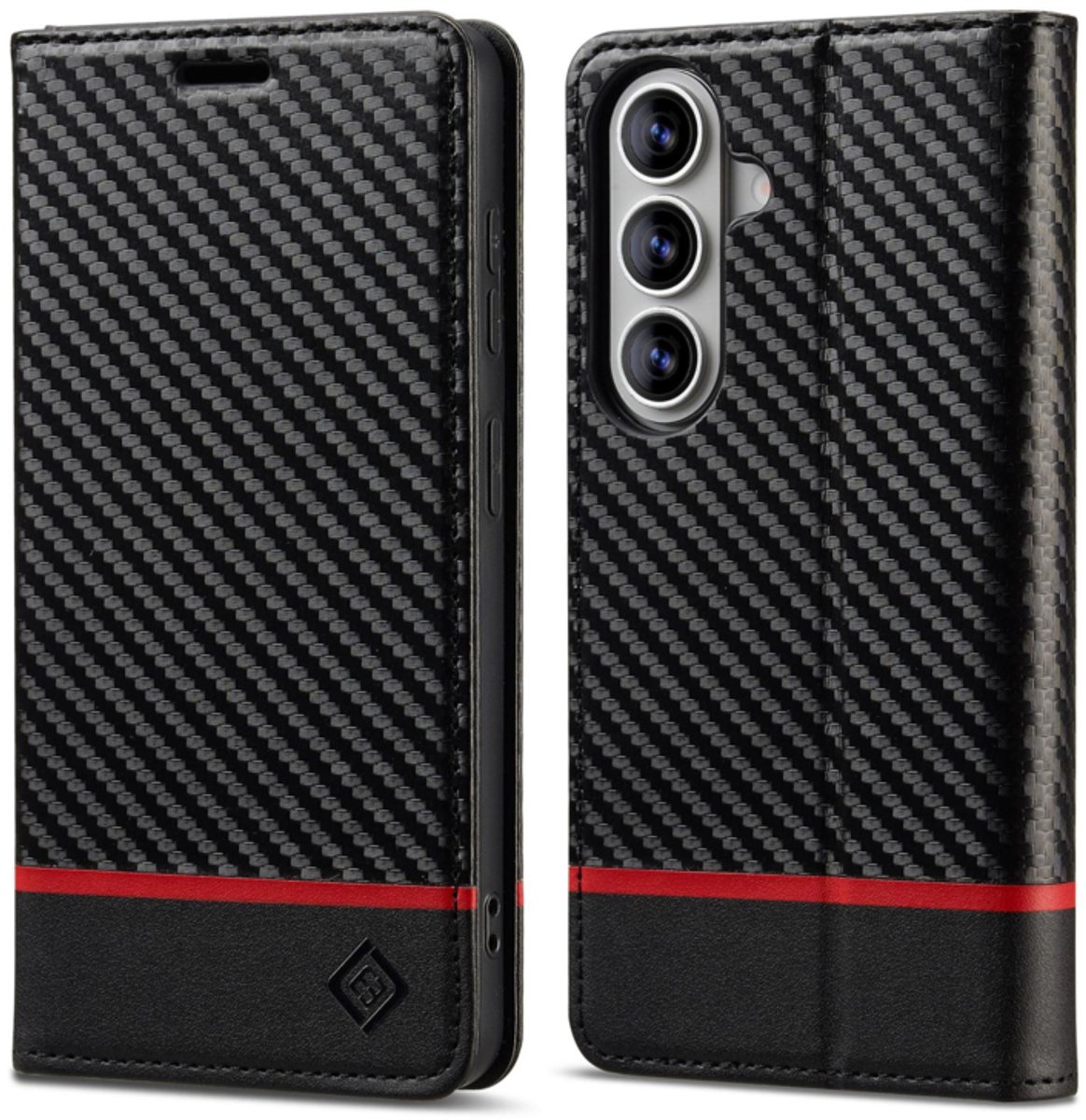 Luxe BoekCover Hoes Etui geschikt voor Samsung Galaxy A27 - Zwart - Rood - Carbon - V1