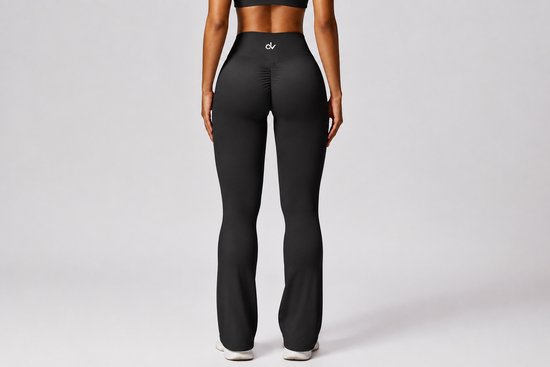 Flaired Sportbroek - Maat: S - Merk: DV - Kleur: Zwart - Hoge Kwaliteit - Seamless - Butt Scrunch / Billen Lift - Scrunch Legging - Flaire Broek - Sportlegging / Sport Broek & Legging - Luxe Broek - Wijde Pijpen - Aansluitend / Flared — afbeelding 2