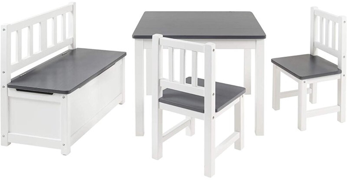 Bomi Anna Kindertafel met Stoeltjes en Opbergbank Grijs Wit - Bank met Opbergruimte - Soft-Close Deksel - Massief Grenenhout FSC - Speeltafel - 3 t/m 6 Jaar