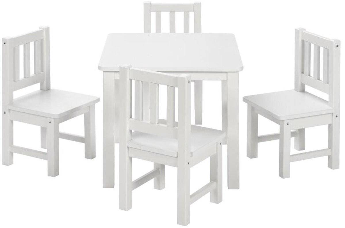 Bomi Amy Kindertafel met 4 Stoeltjes Hout FSC Wit - Massief Grenenhout - Kindertafel en Stoeltjes - Speeltafel - Tekentafel - 3 t/m 6 Jaar