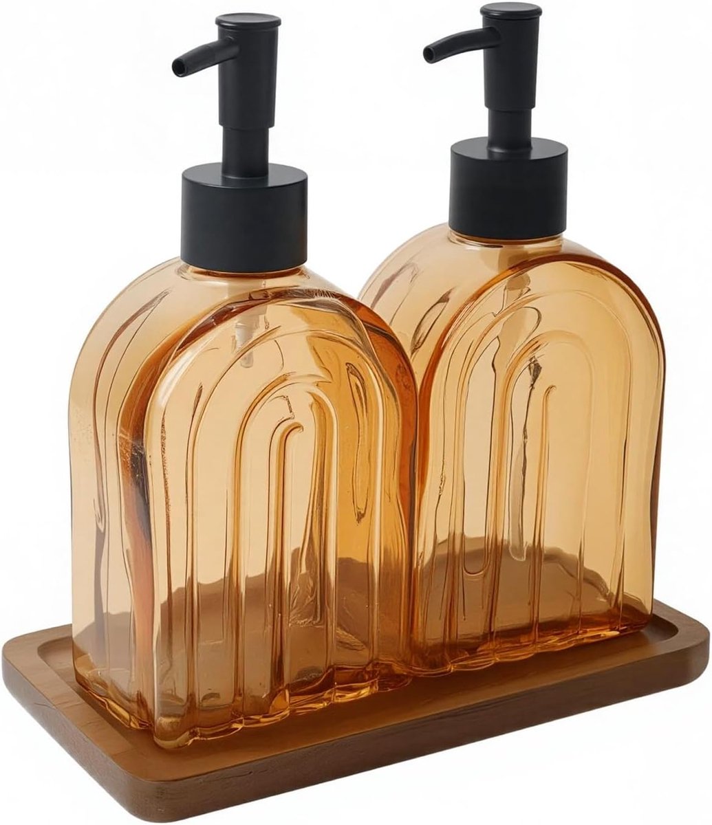 Zeepdispenser glas bruin 2 stuks 400ml met bamboe dienblad - ShopVlot