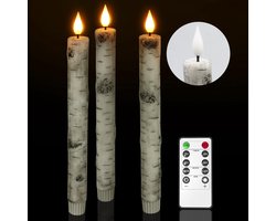 PChero Birch Bark LED Taper Candles, 3 Pieces Real Wax Flameless Flickering Window Candles with Remote Control Timer - ShopVlot