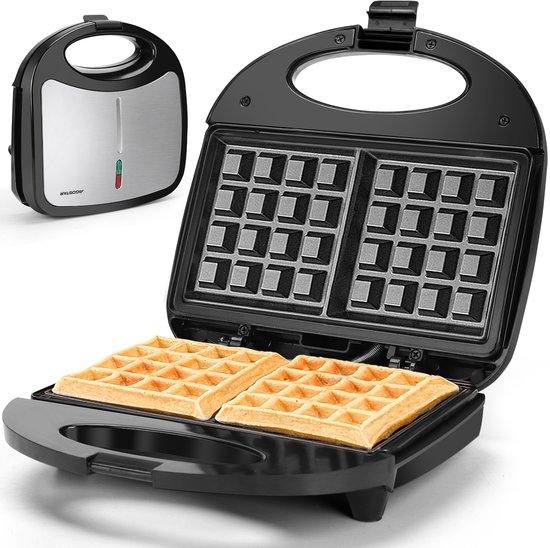 Aigostar wafelijzer met roestvrijstalen deksel, open met twee goudbruine wafels.