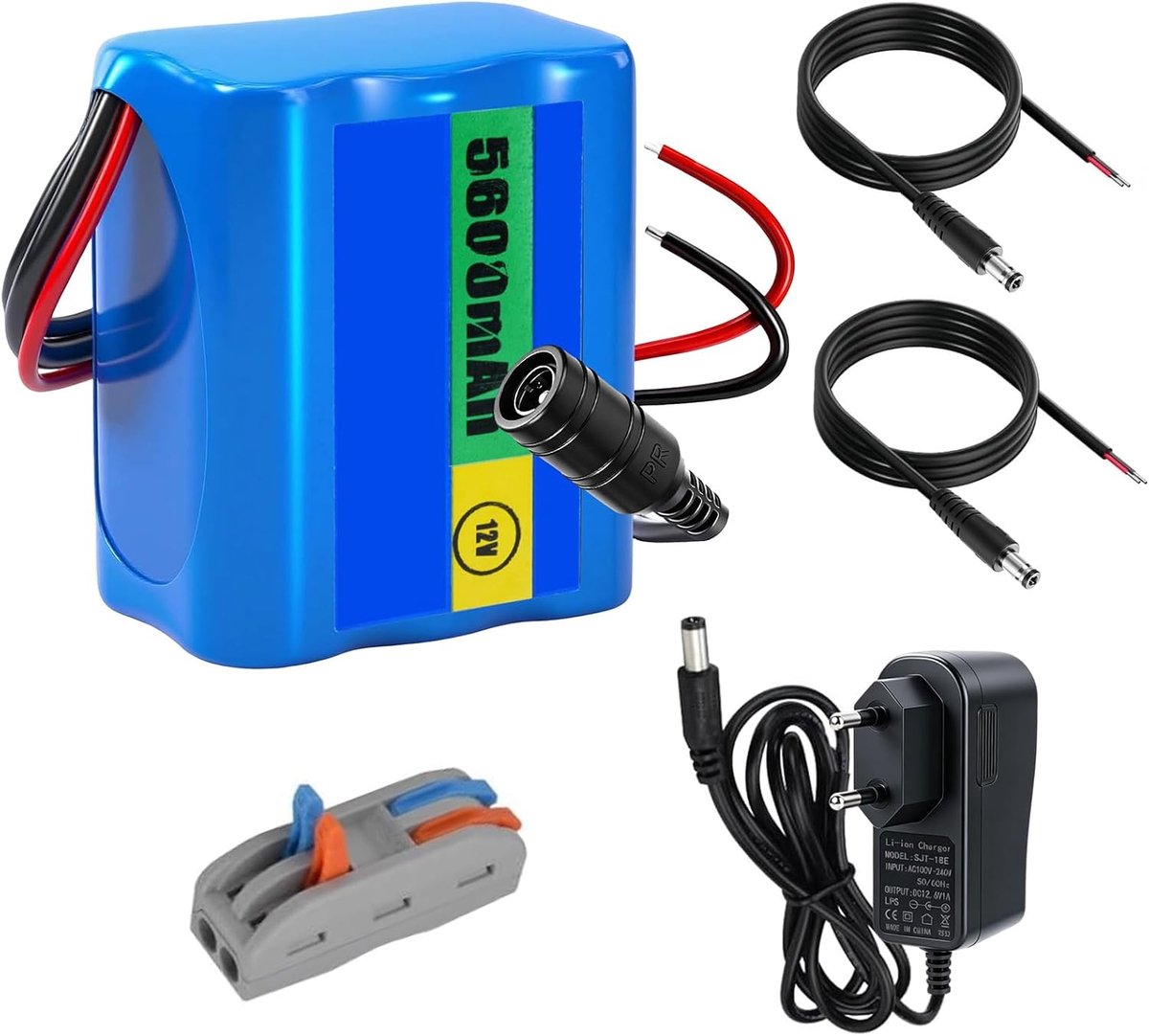 12,6 V 5600 mAh lithium-ion-accu met oplader en 2 aansluitkabels voor zonnepaneel, radio, camera's, camcorders - ShopVlot