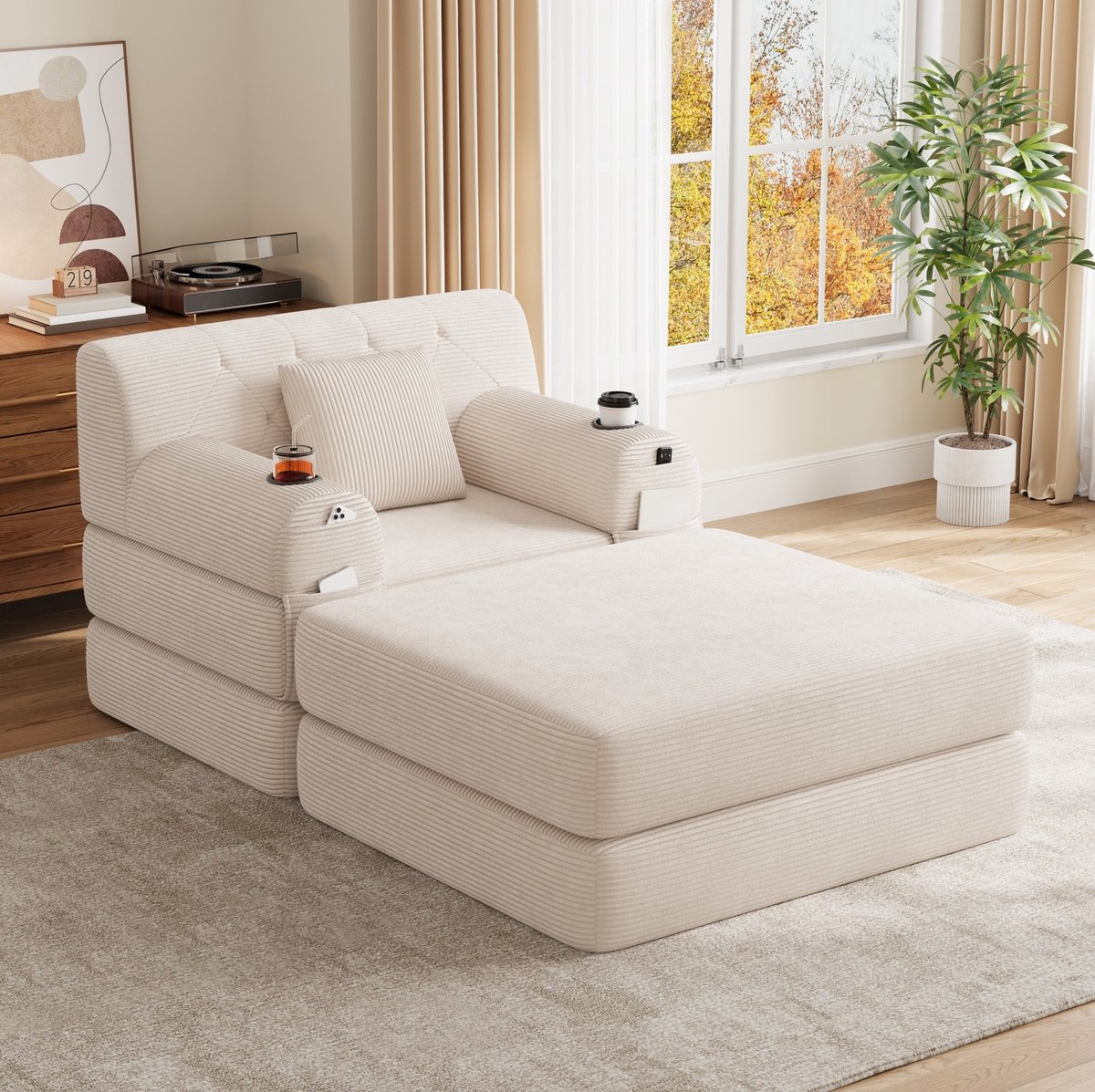 DESMIU Fauteuil - Slaapfauteuil Met Hocker - Hoge Rugleuning Met 2 Bekerhouders En 4 Opbergzakken - Voor Woonkamer En Logeerkamer - Cord - Beige