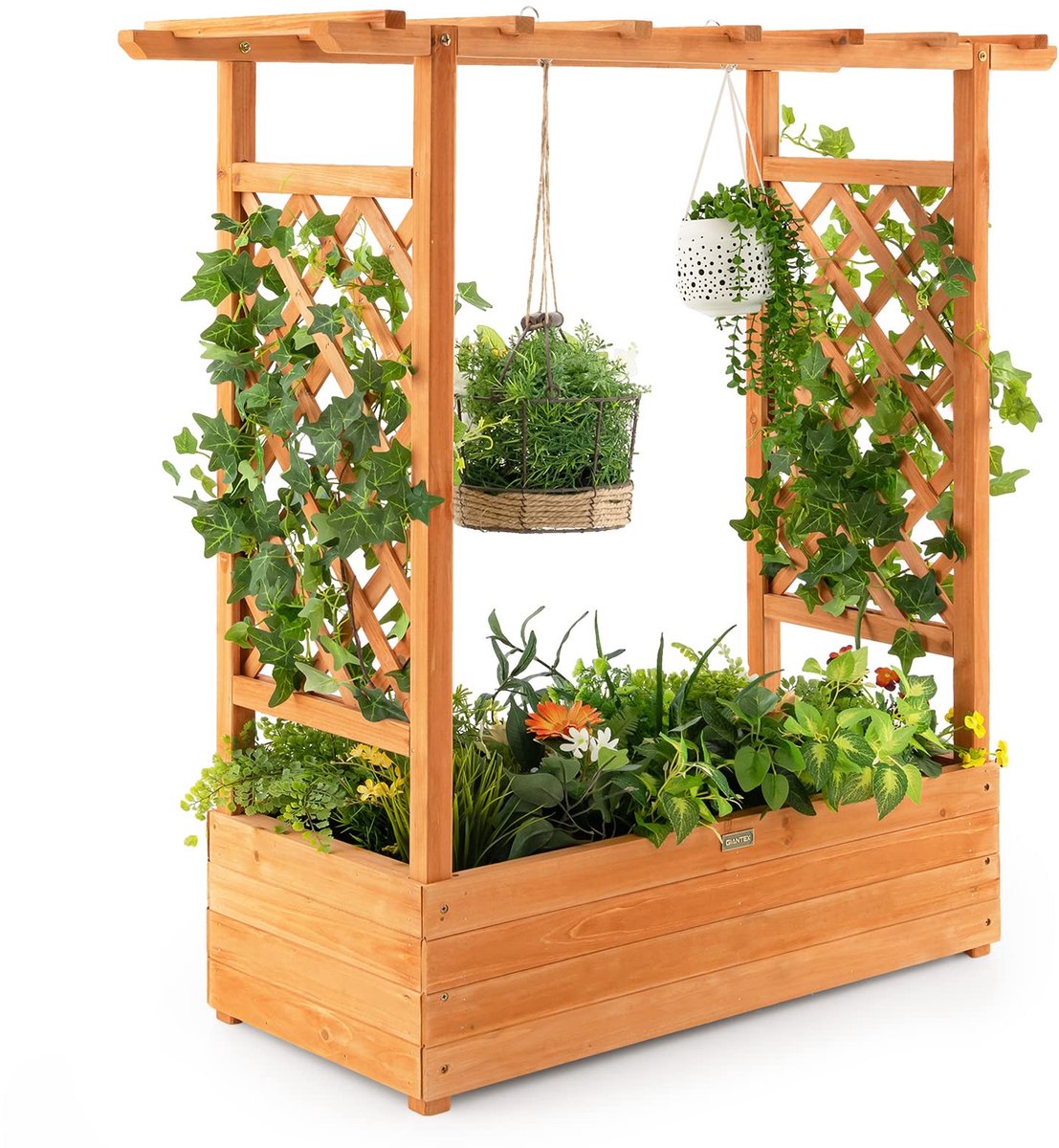 Famanu – Verhoogd bloembed met rankrooster en hangend dak, plantenbak met klimhulp voor klimplanten en hangende manden, voor binnenplaats, tuin en terras, van hout, oranje, 110 x 44 x 113,5 cm
