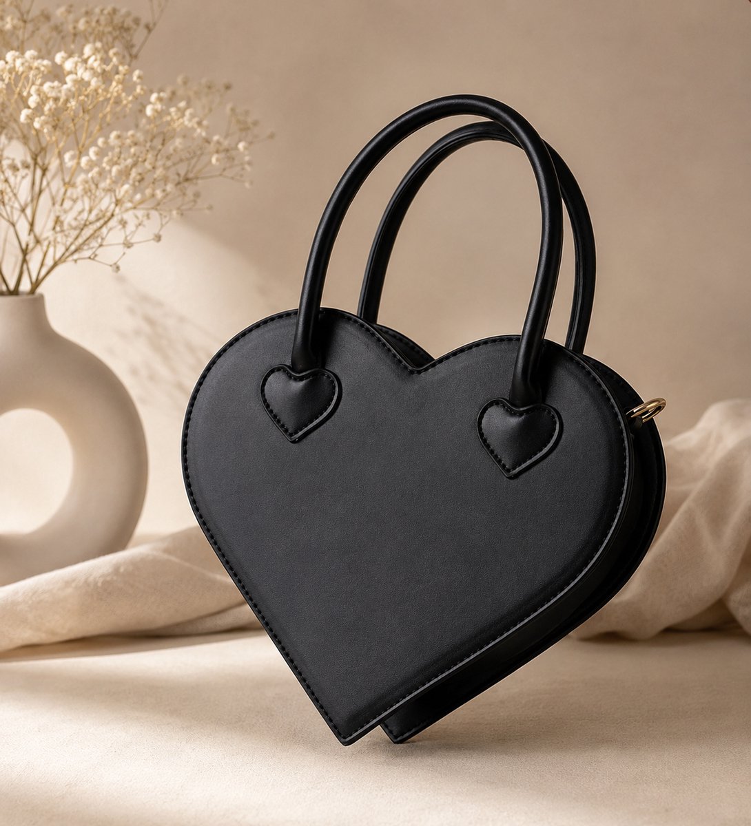 Maevi® Handtas - Vorm: Hartje - Liefde / Hart / Love - Zwarte Handtas voor Dames - Damestas - Hoge Kwaliteit - Zwarte Tas - Afmeting: 19 x 24 cm - Schoudertas - Tas met Band & Handvat - Hartjes Tas - Tas met Rits