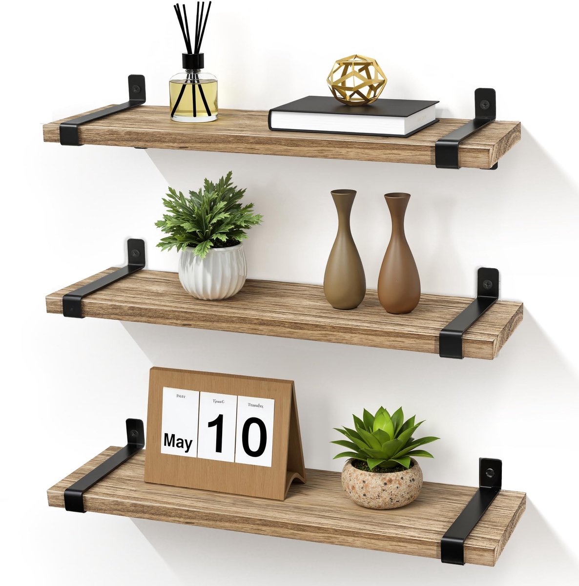 Famanu – Wandrek van hout set van 3, zwevend rek met afneembare plank, zwart metaal en massief hout, industrieel vintage design, 40 cm