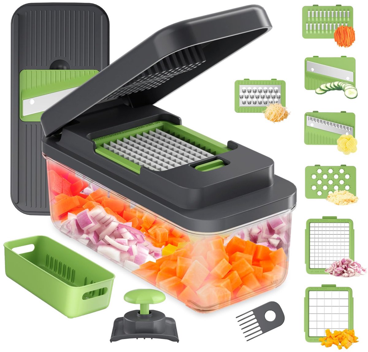 Famanu – Multifunctionele groentehakselaar en snijmachine, 7-in-1 voedselverwerker, BPA-vrij en vaatwasmachinebestendig, ideaal voor groenten en salades