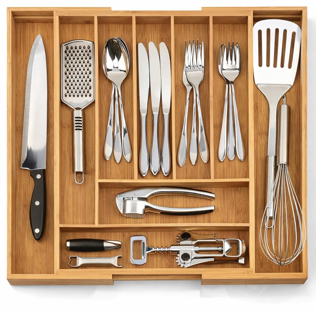 Famanu – Bamboe besteklade organizer, uitschuifbaar van 33,5 tot 50 cm, voor het organiseren van bestek in de keuken