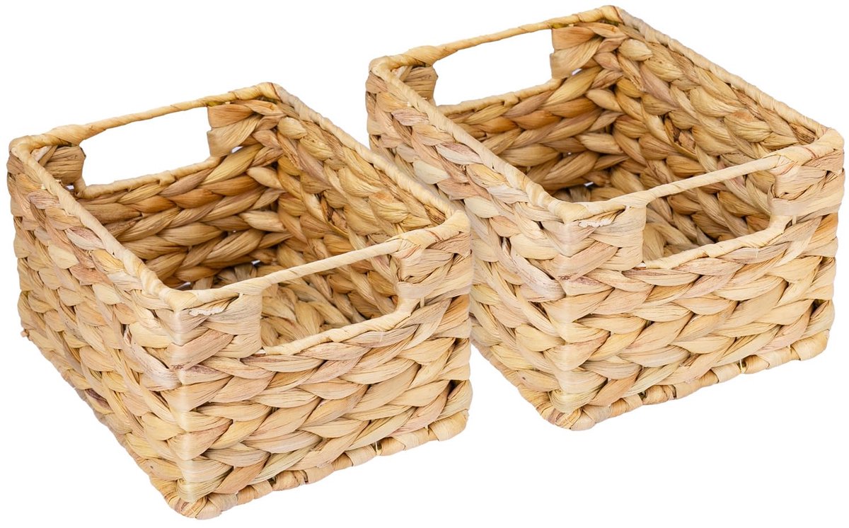 Famanu – Gevlochten opbergmand van waterhyacint, decoratieve mand met draaggrepen voor opbergen in badkamer, keuken en woonruimte, set van 2, maat S, 22 x 17 x 12 cm, naturel