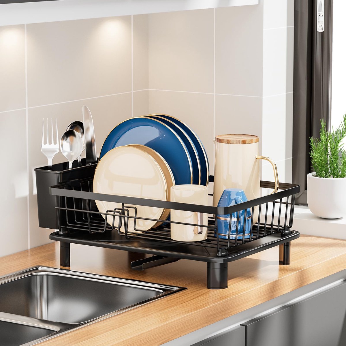 Famanu – Afdruiprek met lekbak, metalen afwasdroogrek met vorkhouder, klein model voor de keuken, zwart