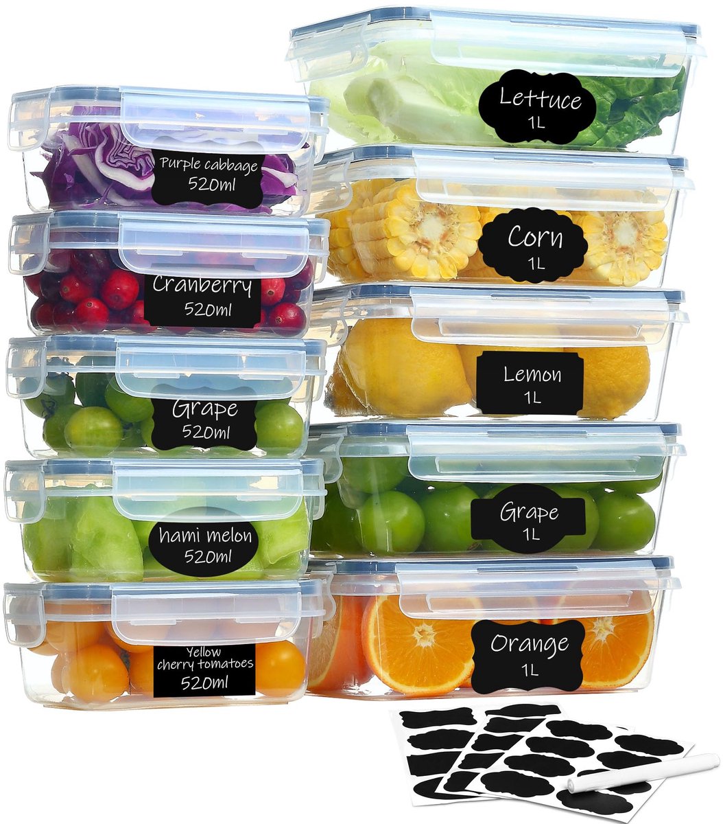 Famanu – Vershoudbakjes met deksel, set van 10 stuks (5 x 1 L + 5 x 520 ml), luchtdichte meal prep bakjes, BPA-vrij en stapelbaar