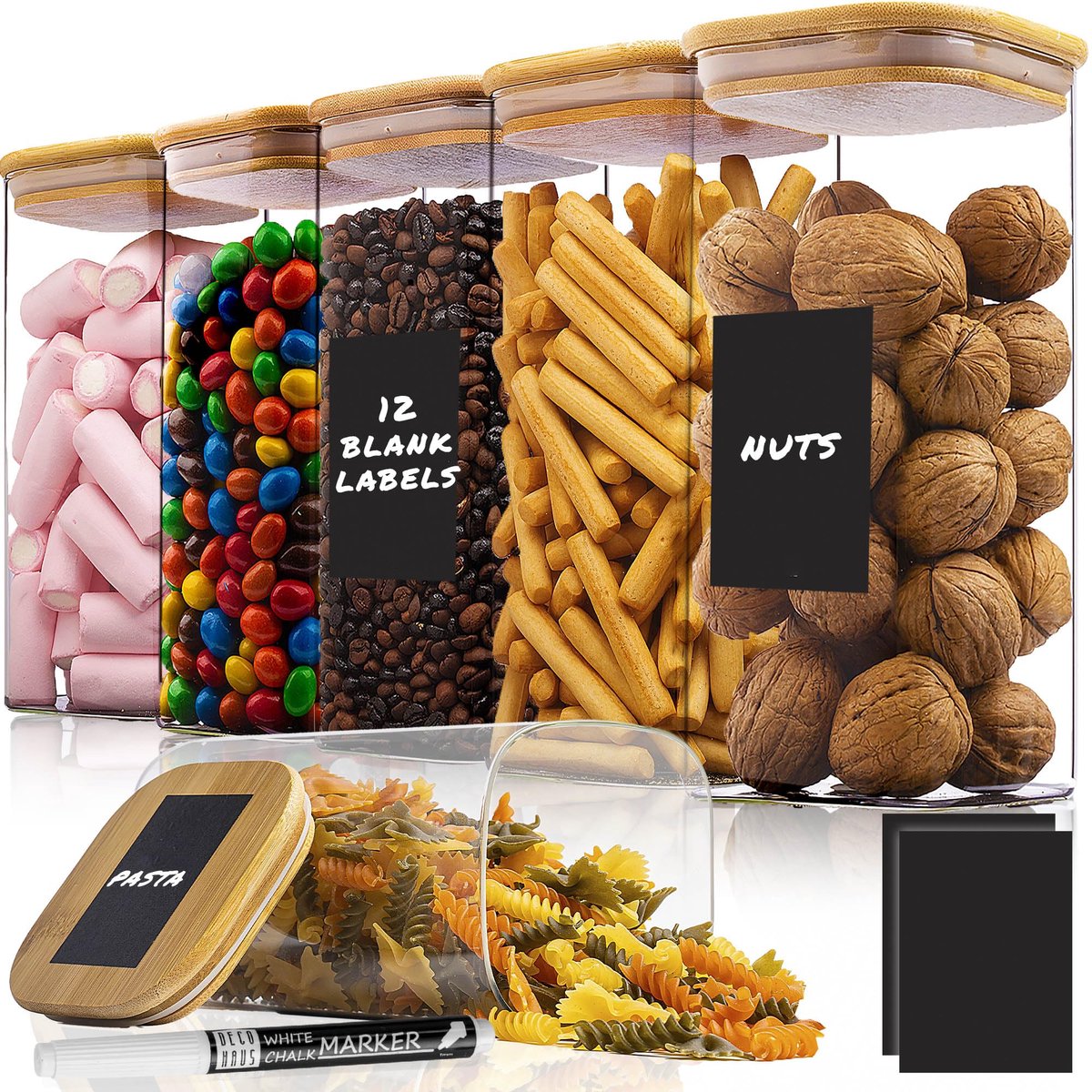 Famanu – Voorraadpotten met deksel, 6-delige set, luchtdicht, voor muesli, cornflakes, spaghetti, glazen bewaardozen, 6x1600ml