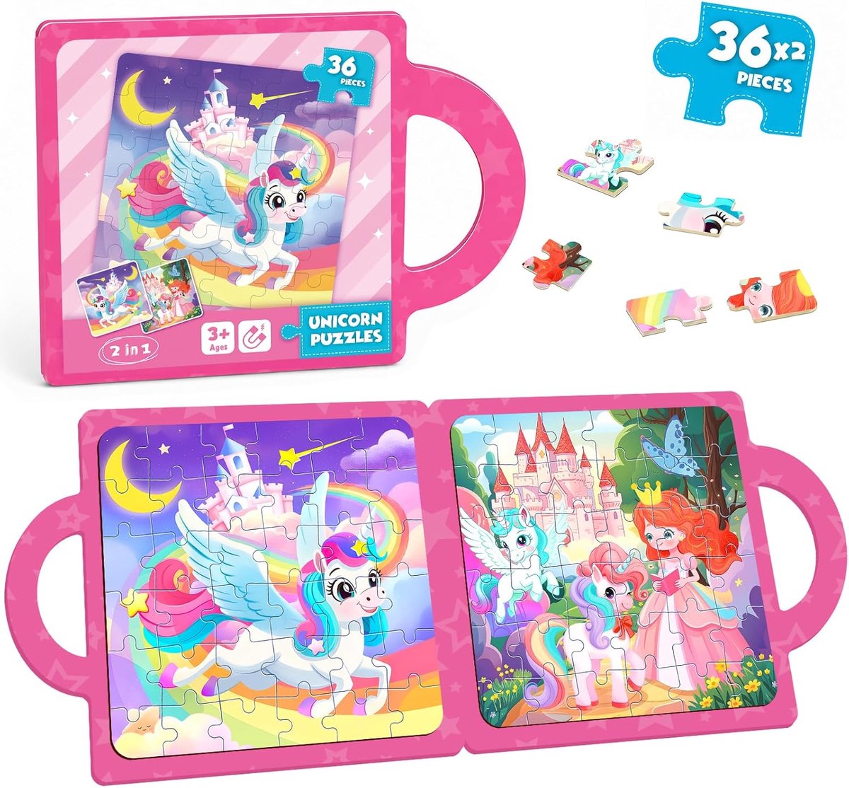 Magnetic Puzzle for Children 3-8 Years, 36 Pieces, Unicorn Puzzle with Carry Handle - ShopVlot