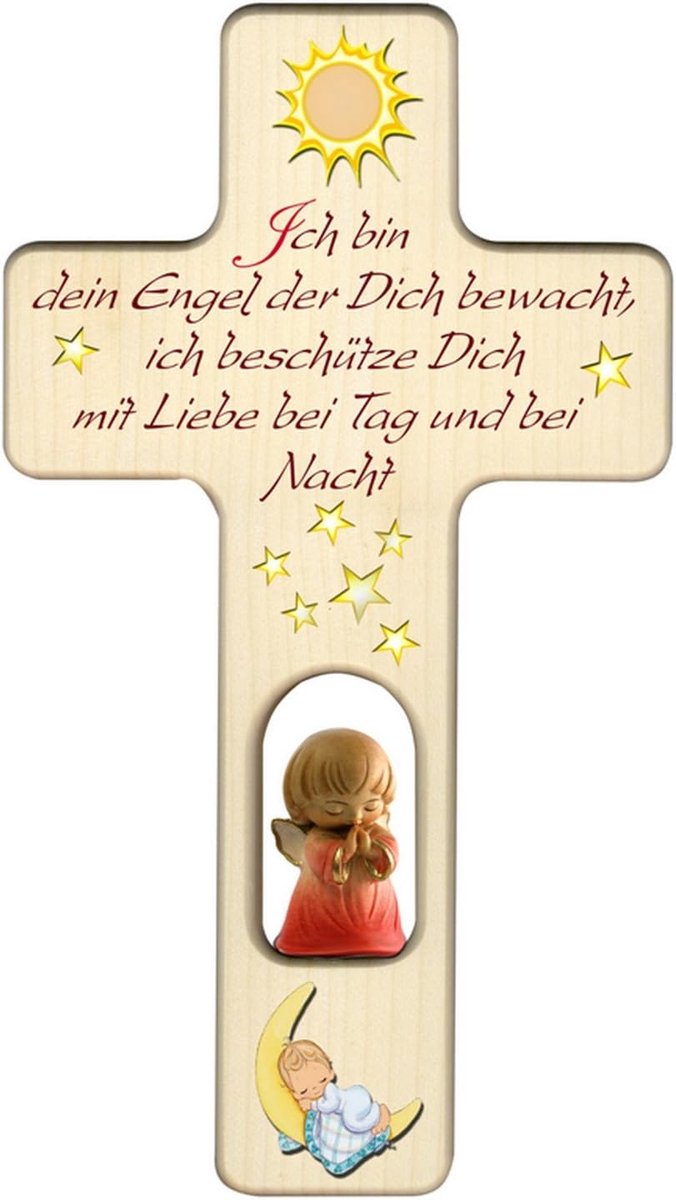 Houten kruis voor meisjes - 20 x 11 cm - met engel en sterren - ideaal voor geboorte of doop - ShopVlot