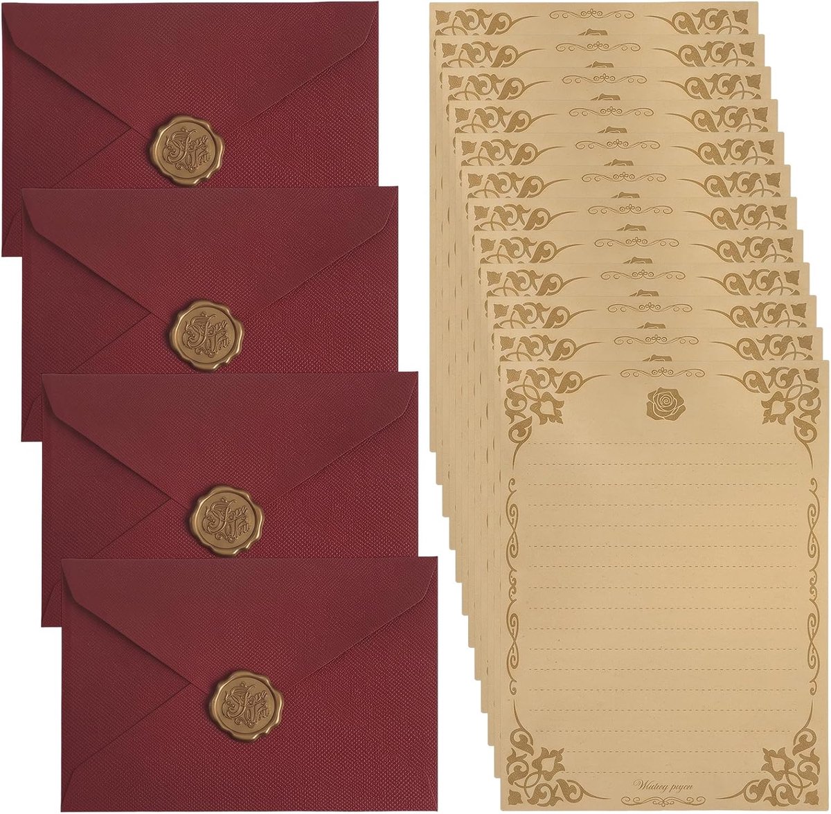 Set van 20 stuks briefpapier met enveloppen en zegellak, 4 donkerrode linnen enveloppen, 12 vellen kraftpapier met - ShopVlot