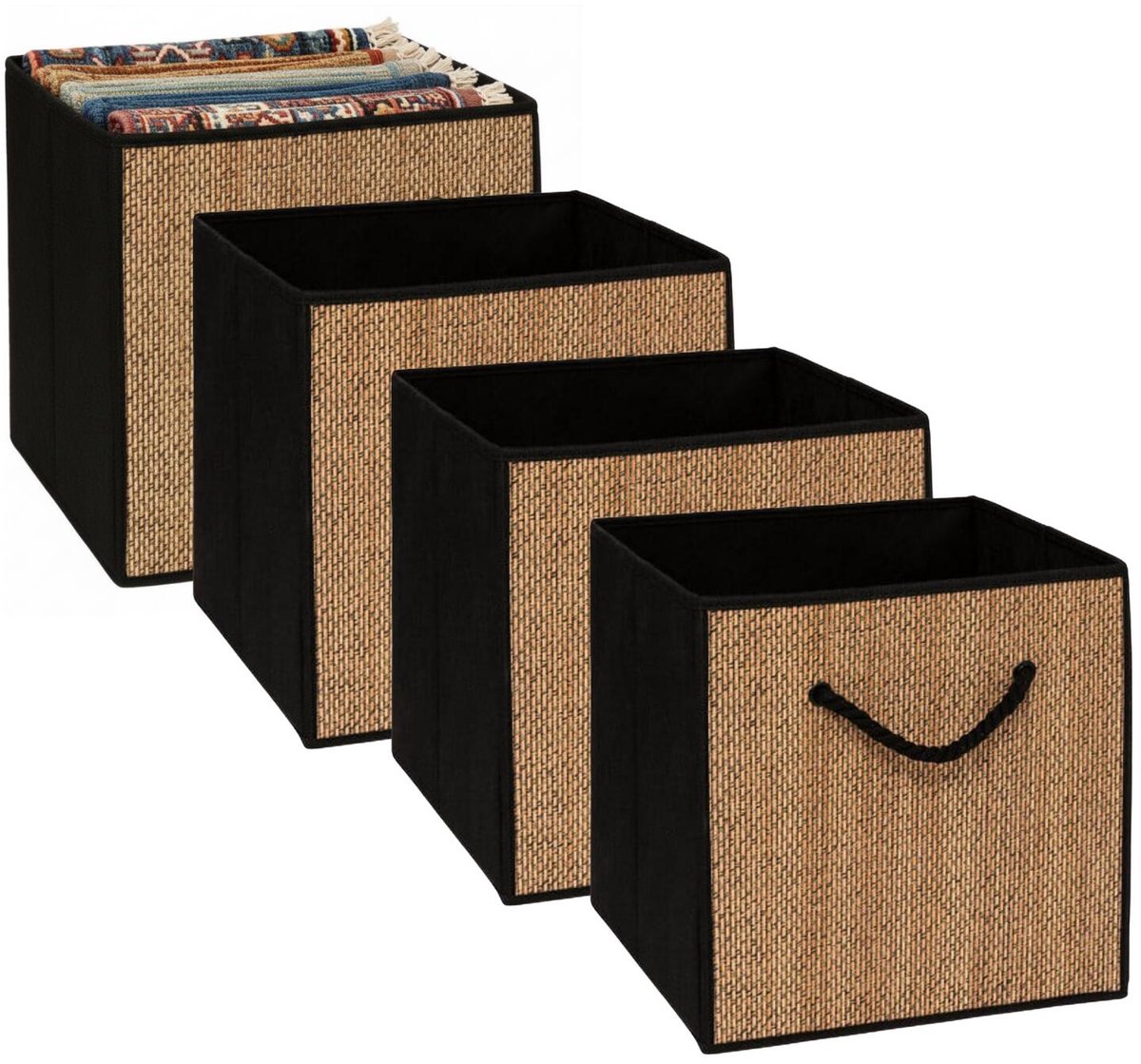 5Five opbergmand kastmand - 4x - jute/karton - beige/zwart - 31 x 31 x 31 cm - hengsel touw - Vakkenkast manden