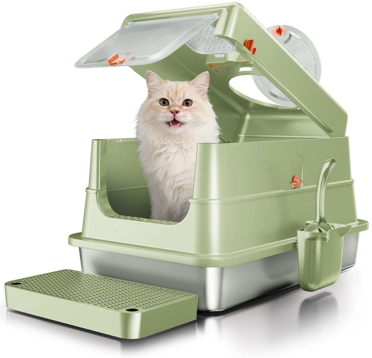 Famanu – Roestvrijstalen kattenbak, afgesloten kattenbak met deksel, metalen kattenbak met hoge zijkanten, lekkagebestendig en eenvoudig schoon te maken, groot, groen
