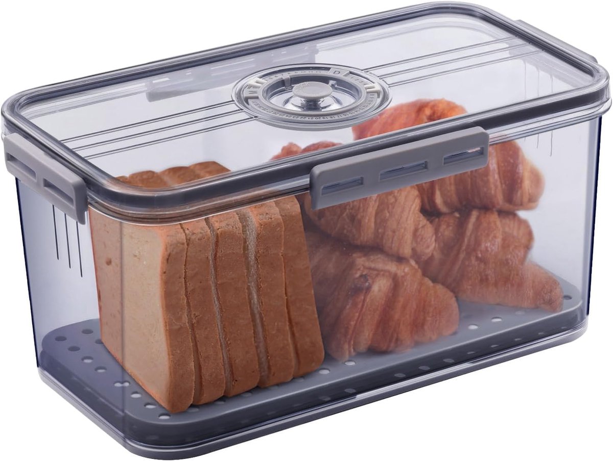 Famanu – Luchtdichte broodtrommel voor keukentafel, tijdregistratie broodopslagcontainer met deksel, ideaal voor zelfgebakken brood, toast, bagels, donuts en koekjes, kleur grijs