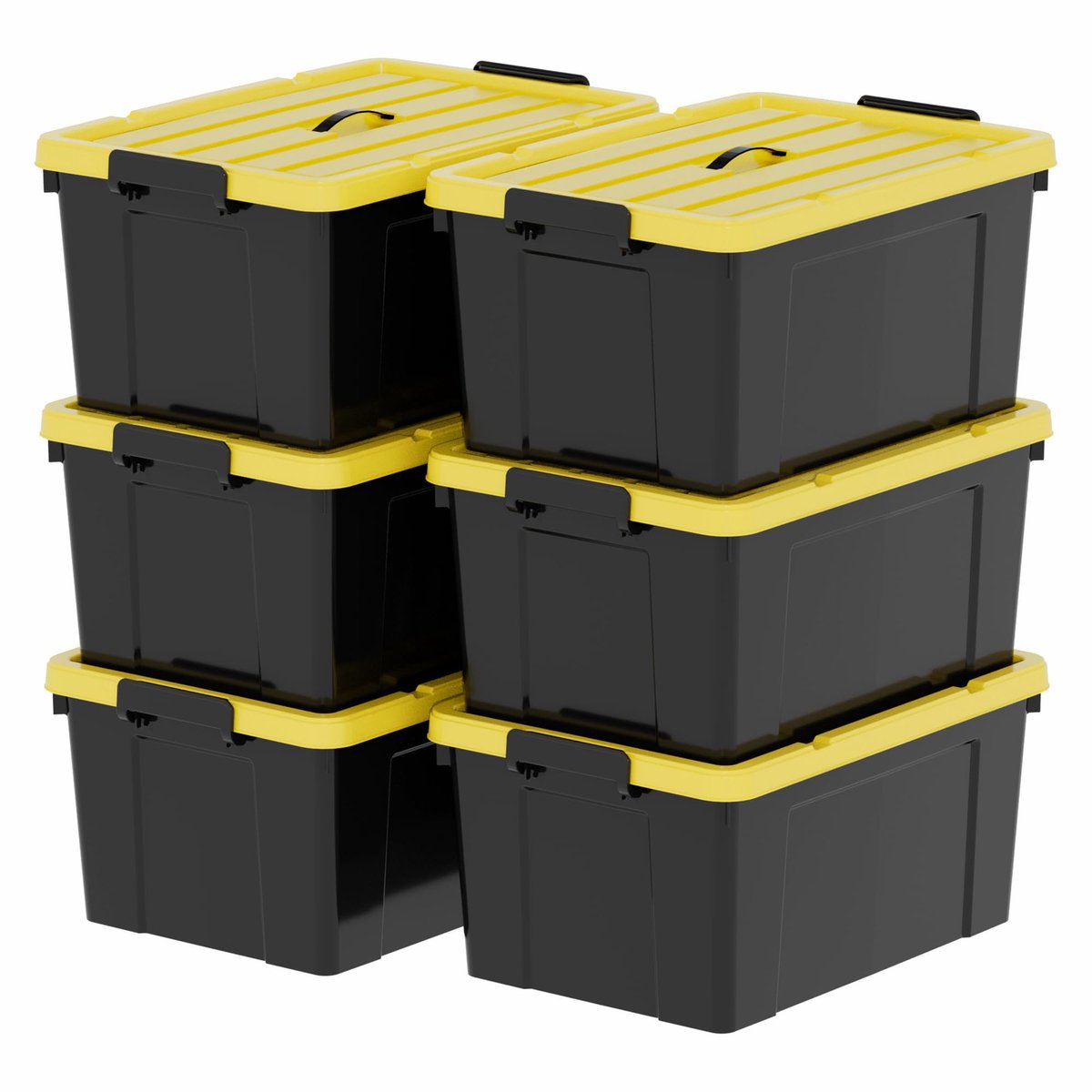 Famanu – Opbergdozen set van 6 stuks, 65 liter, plastic opbergdozen met deksels en handvatten, stapelbaar en nestbaar, voor gereedschap, buiten, tuin en huis, zwart en geel