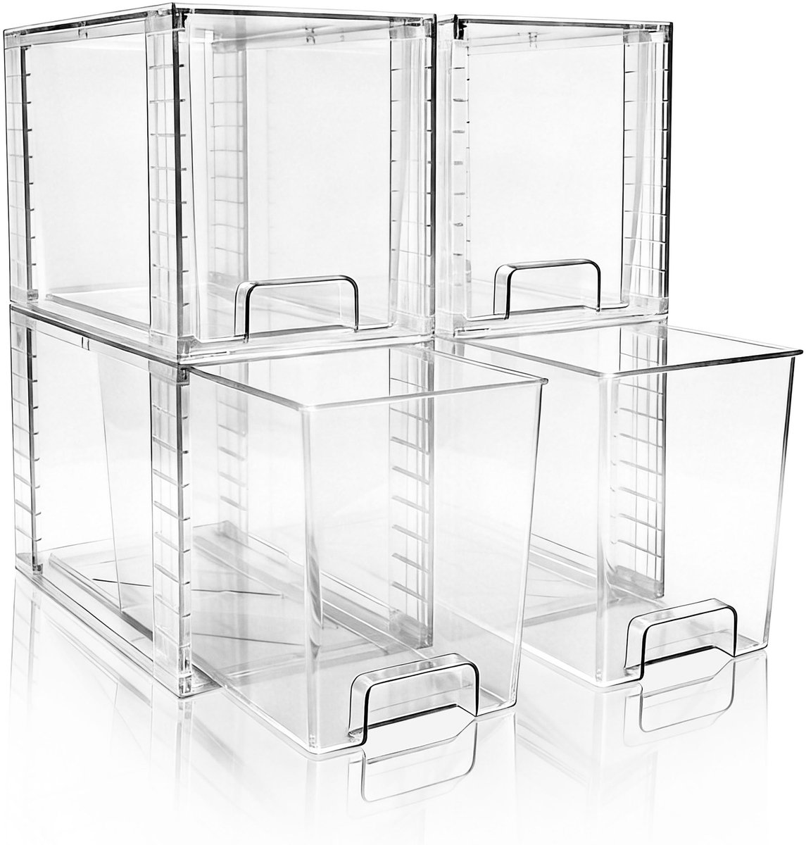 Famanu – Set van 4 hoge stapelbare transparante opberglades, kunststof organizers met handvat, ideaal voor badkamer, onder gootsteen, kast en keuken