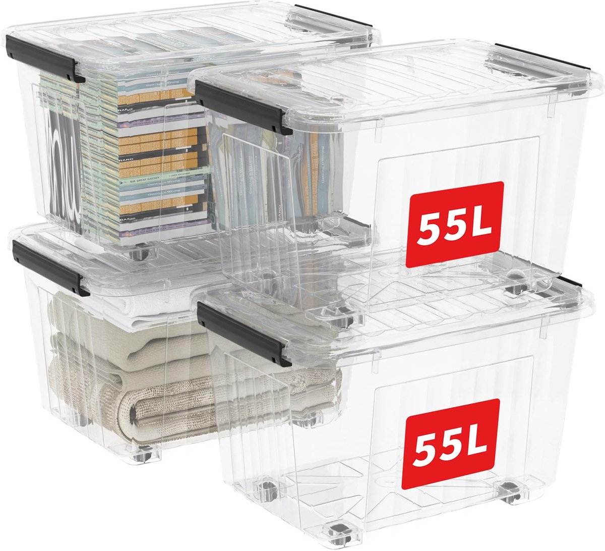 Famanu – Plastic opbergdozen met wielen, set van 4 stuks, 55L per doos, met deksel en veilige zijvergrendelingen, stapelbaar en doorzichtig