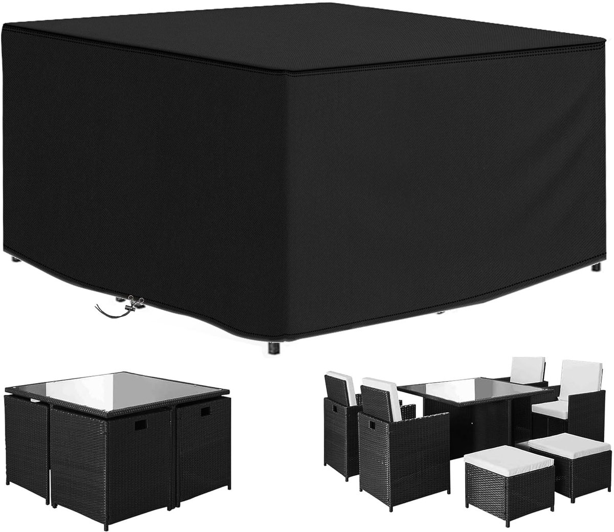 Famanu Waterdichte tuinmeubelhoezen voor rotan set, 125 x 125 x 70 cm, gemaakt van 420D Oxford-stof, winddicht en anti-UV Zwart
