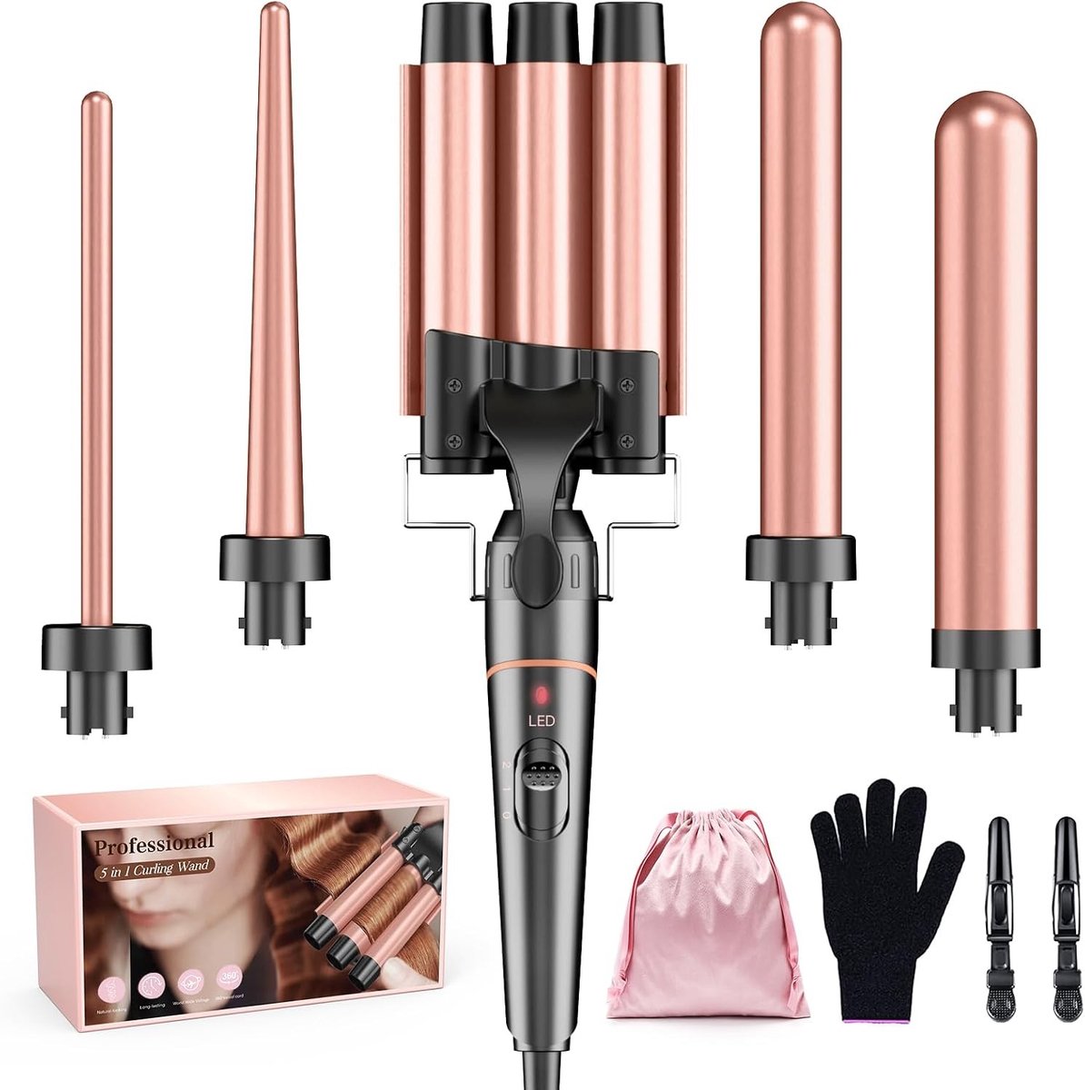 Wafeltang - Rose Gold - 5-in-1 Keramische Krultangset met 3 Vaten - Voor Grote Krullen en Alle Haartypes