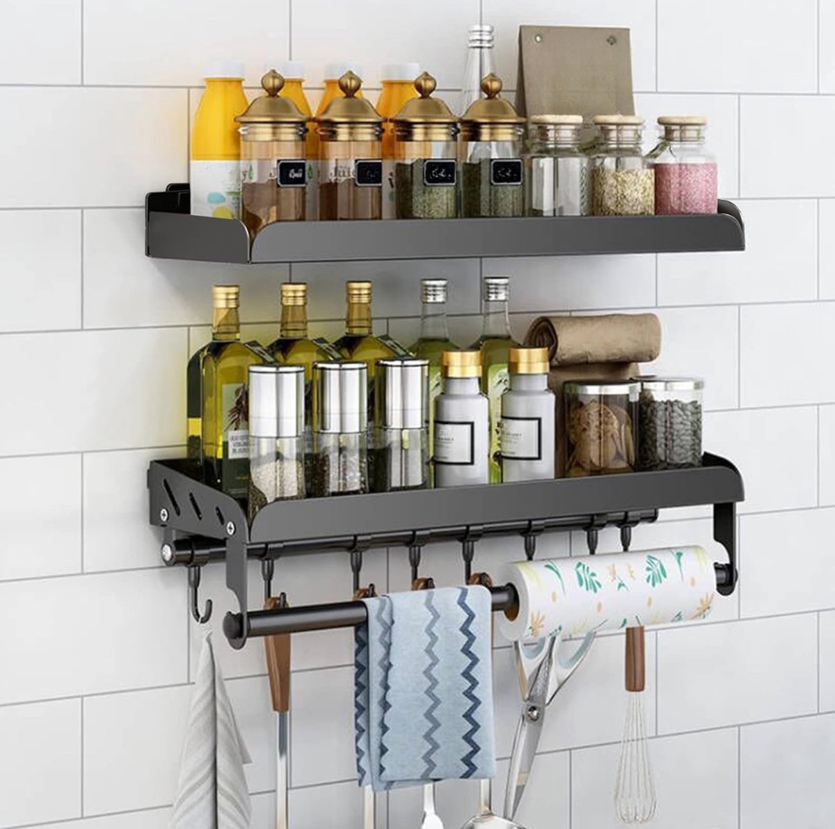 DYVNS® Kruidenrek Ophangbaar - Kruidenpotjes Wandrek - Keuken organizer - Zonder Boren - Met Keukenrolhouder en 6 Haken