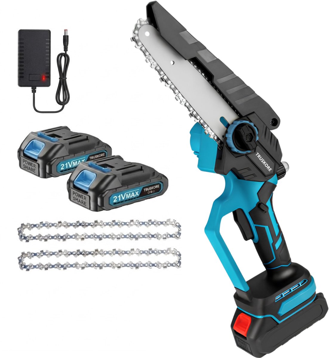 Truskore Mini kettingzaag 20cm - Accu Kettingzaag - Inclusief Opbergkoffer, 2 Accu's (4.0Ah) & 2 Kettingen