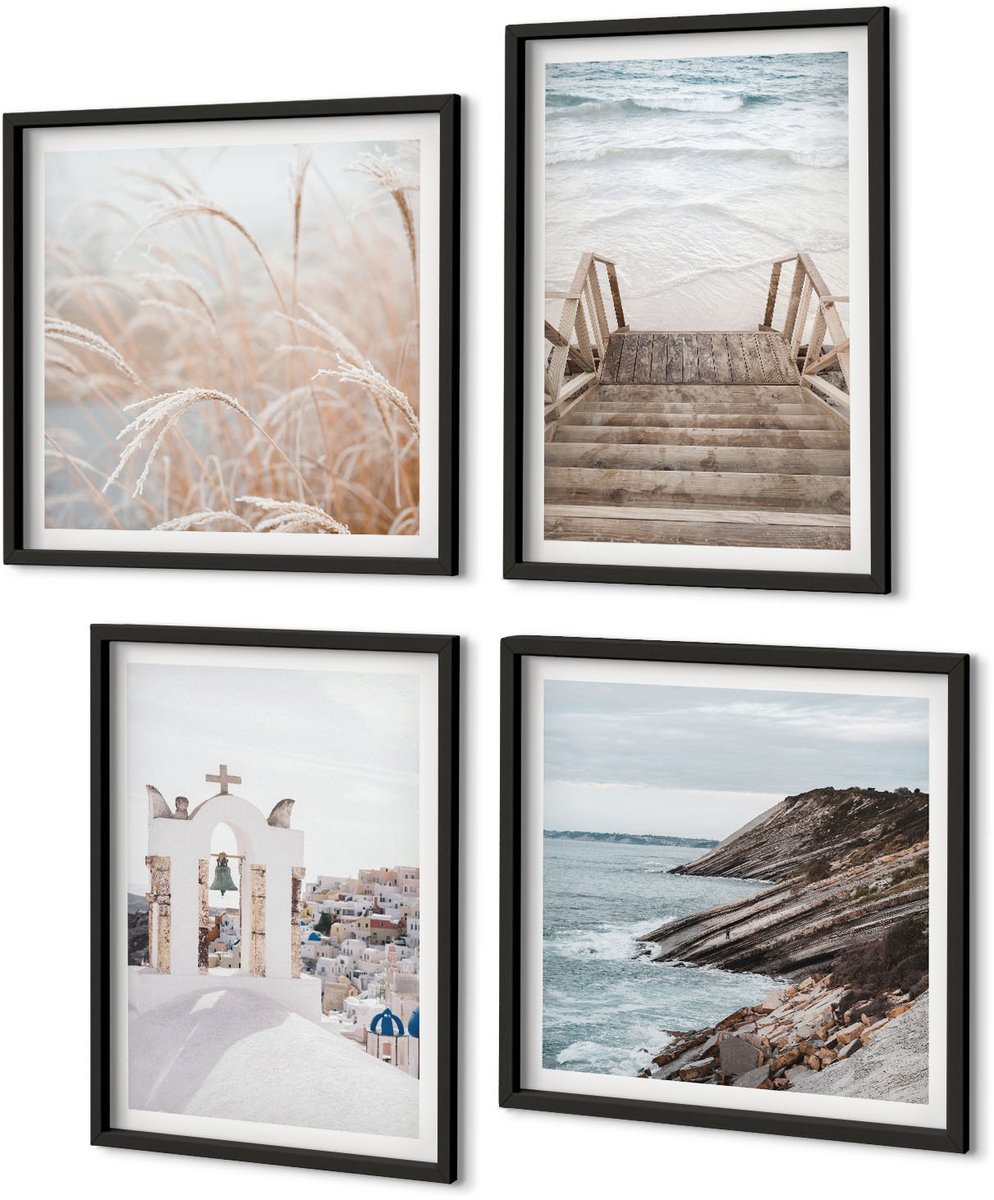 Coloray 4-Delige Schilderij Set - Uitzicht Op De Zee En De Architectuur Van Santorini Tegen De Hemel. - 40 x 40 cm En 40 x 60 cm - Wanddecoratie - Moderne Interieurdecoratie - Woonkamer Decoratie Zwarte lijst