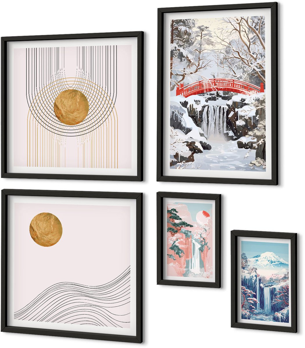 Coloray 5-Delige Schilderij Set - Landschappen Met Watervallen En Bruggen In Japanse Stijl. - 50 x 50 cm, 20 x 30 cm En 40 x 60 cm - Decoratieve Schilderijen - Wanddecoratie - Hal - Stijlvolle Muurdecoratie Zwarte lijst