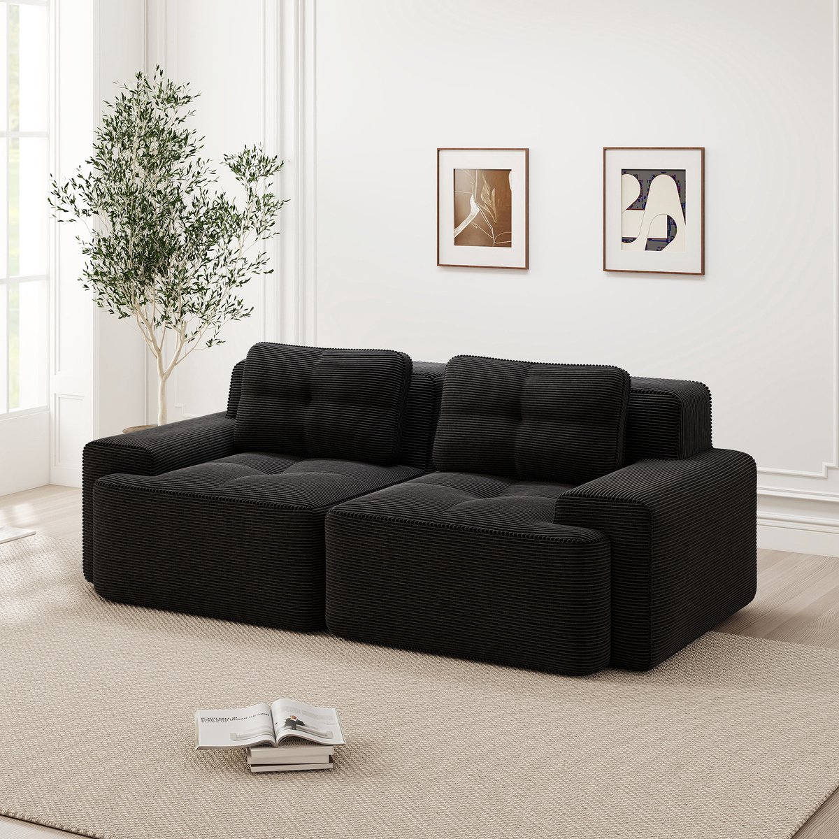 Frameloze modulaire corduroy bank met diepe zit – cloud sofa met slaapfunctie – 2 personen – zwart – 32D hoogelastisch schuim, antislip – geen montage nodig – huisdierbestendig