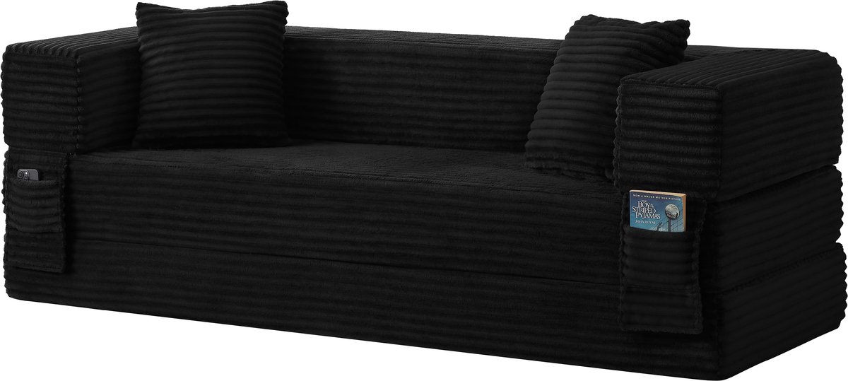 3-zits Slaapbank – Boneless Sofa van Schuim – Uitklapbare Sofa Bed – Zachte Corduroy Look – 200 cm – Zwart