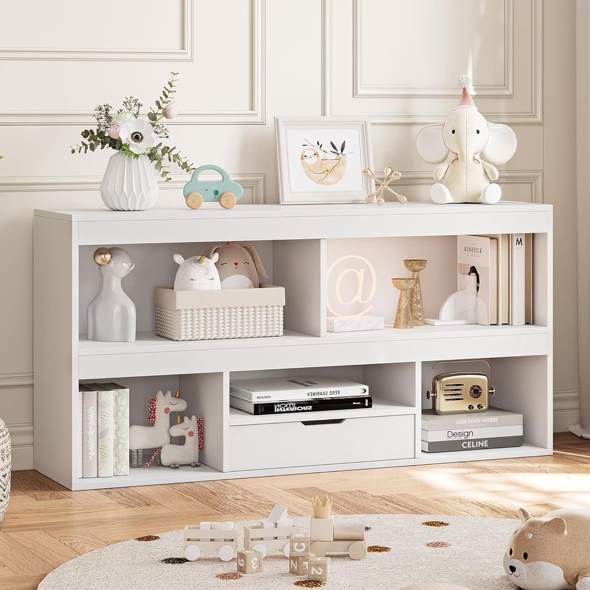 Speelgoedopbergers met 2 niveaus - Boekenkast met 5 vakken - Houten open boekenkast met lades - Multifunctioneel meubel voor boeken en poppen - Houtkleur