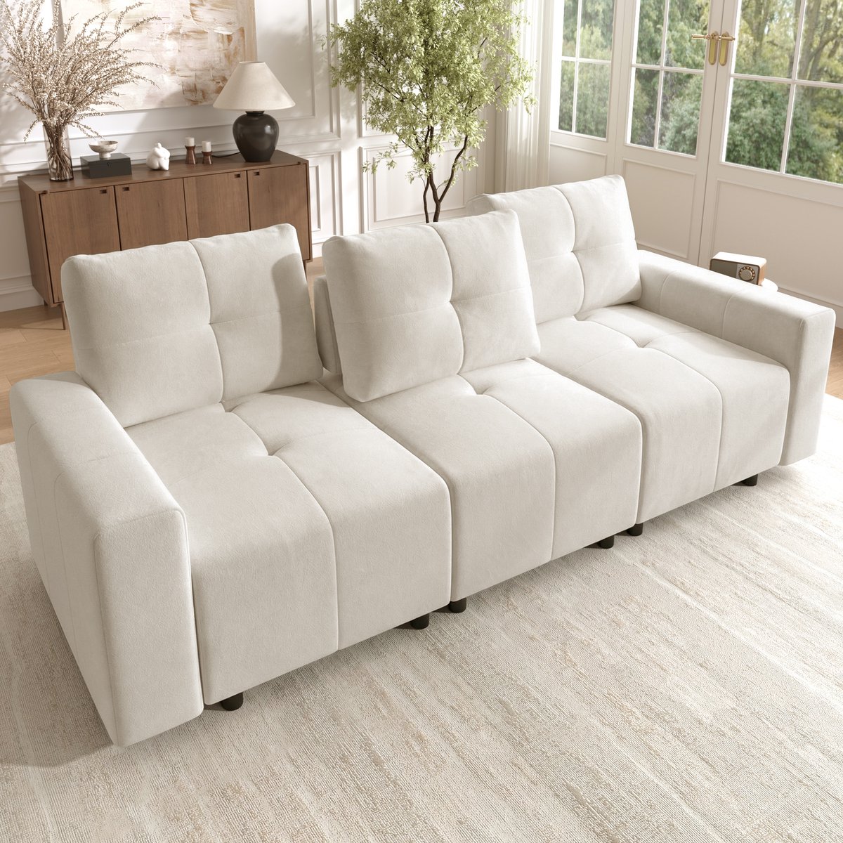 Modulaire 3-zits slaapbank - Met zit-, lig- en slaapfunctie - 213 cm breed, 3-zits - Verstelbare zitdiepte tot 68 cm - Hoogwaardige chenille stof - Compact recht design, 500 kg belastbaar