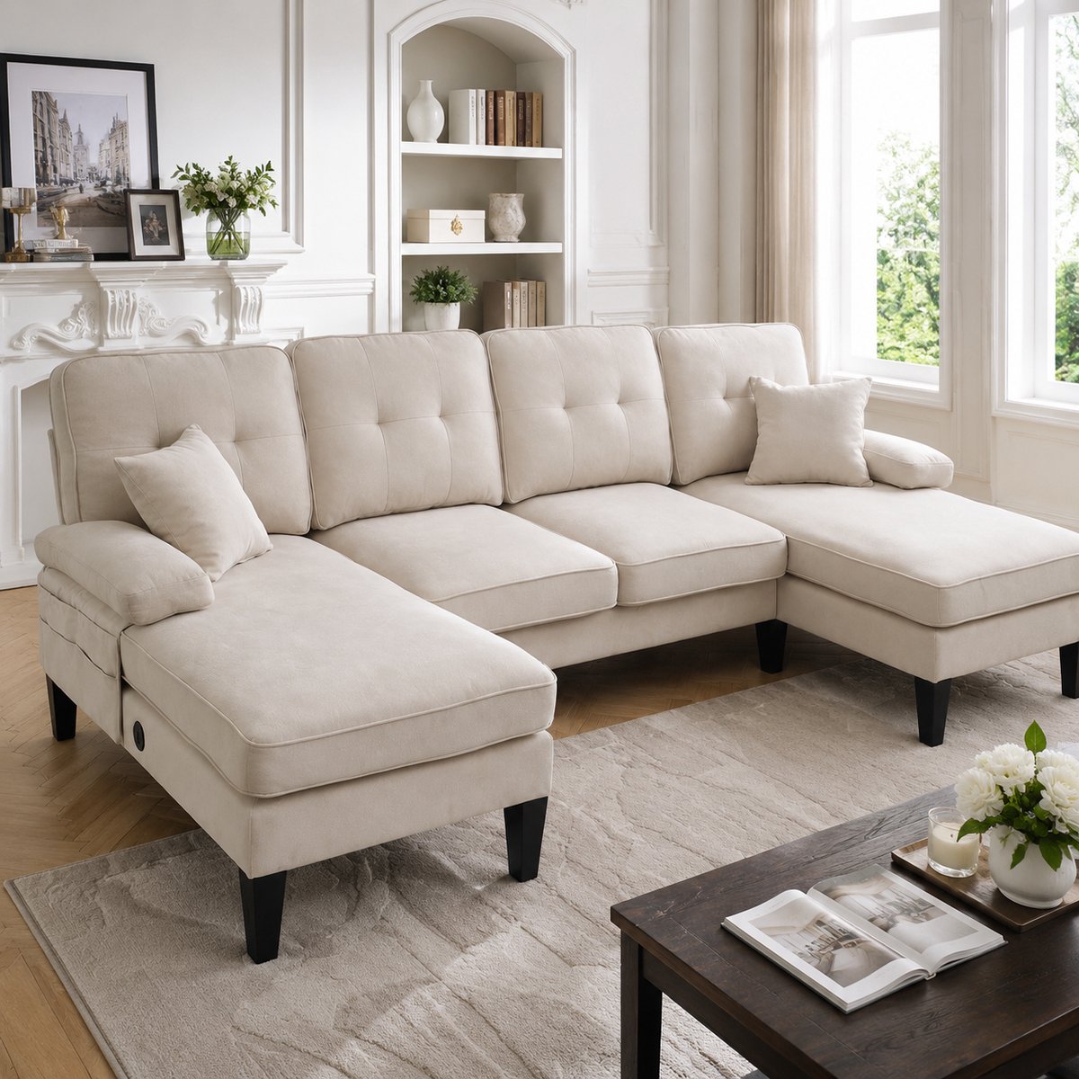 U-vormige linnen bank 4-zits met dubbele chaise longue - Geschikt voor woonkamer en grote gezinnen - Beige - Zachte linnen bekleding en moderne rugleuning - Stevige poten voor hoge draagkracht - Inclusief sierkussens