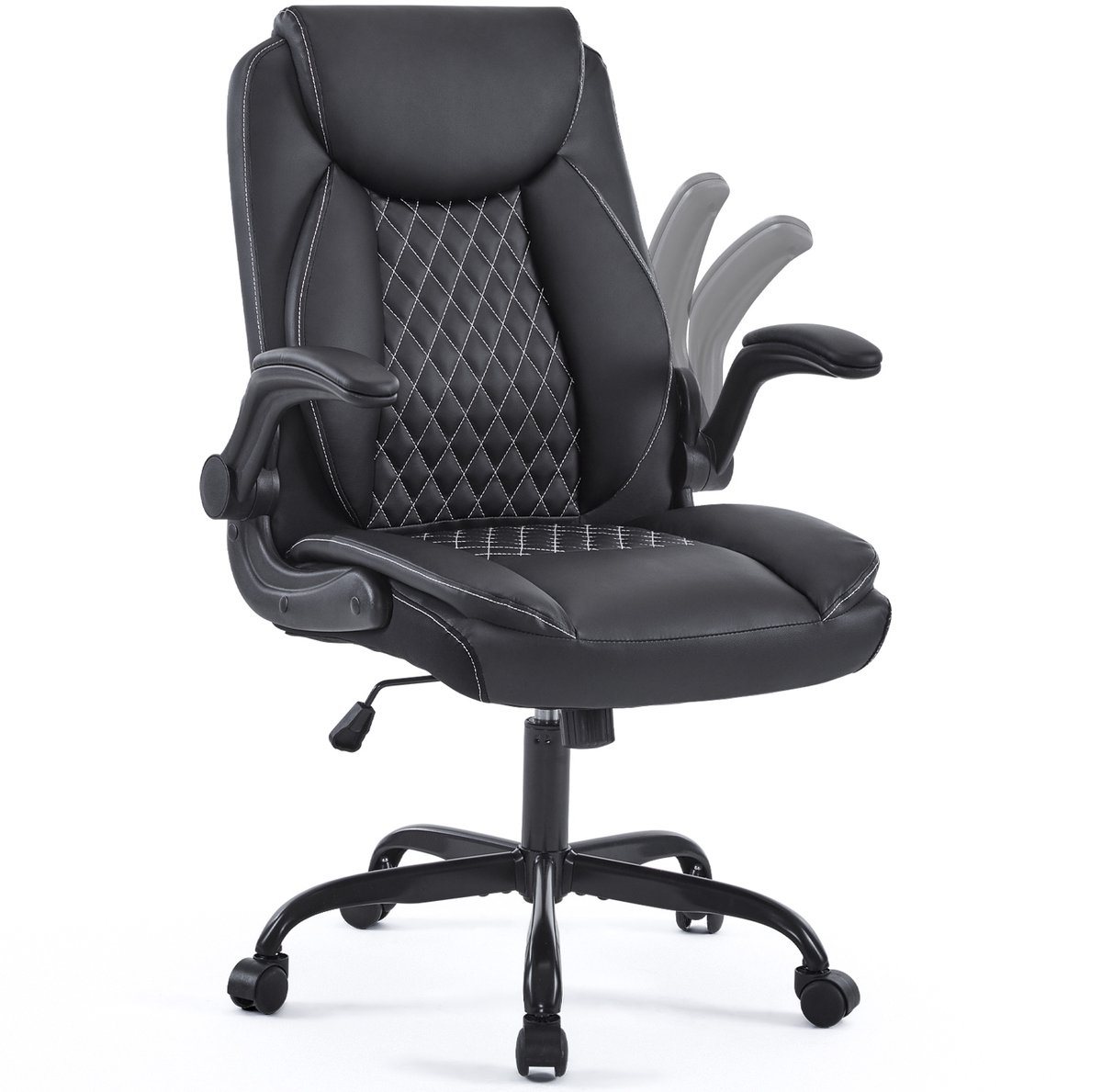 STILVORA Bureaustoel 64 x 64 x 102 cm - Ergonomisch Met Hoofdsteun En Opklapbare Armleuningen - Voor Bureau En Gamekamer - Leer - Zwart