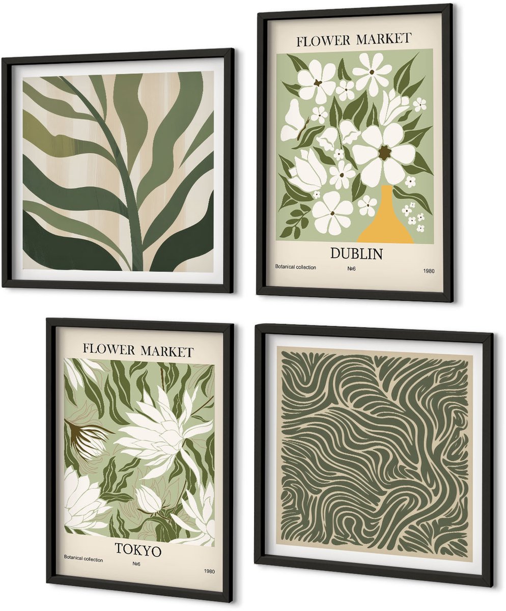 Coloray 4-Delige Schilderij Set - Plantenpatronen, Botanische Decoraties, Boho-Stijl - 40 x 40 cm En 40 x 60 cm - Schilderijen Set - Wanddecoratie - Woonkamer Zwarte lijst