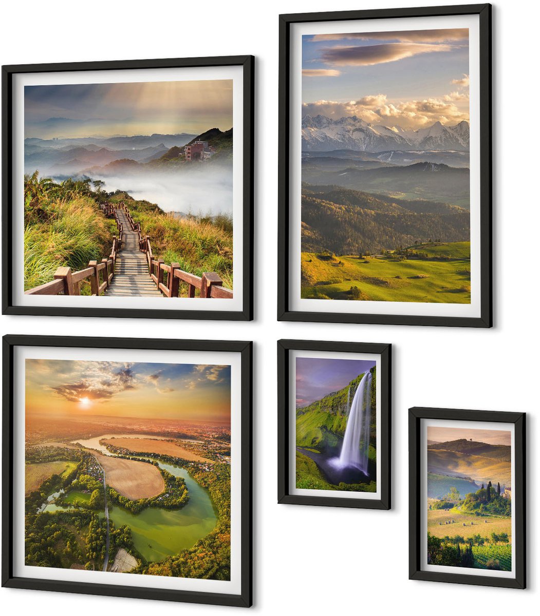 Coloray 5-Delige Schilderij Set - Berglandschappen En Watervallen In Een Schilderachtig Decor. - 50 x 50 cm, 20 x 30 cm En 40 x 60 cm - Moderne Wanddecoratie - Slaapkamer Zwarte lijst