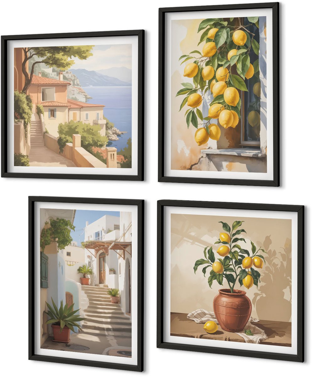 Coloray 4-Delige Schilderij Set - Sfeervolle Straatjes Met Citroenbomen En Uitzicht Op Zee. - 40 x 40 cm En 40 x 60 cm - Decoratieve Schilderijen - Wanddecoratie - Hal - Stijlvolle Muurdecoratie Zwarte lijst