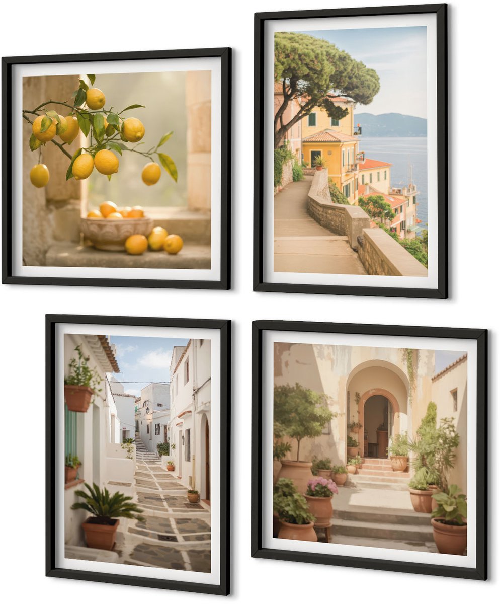 Coloray 4-Delige Schilderij Set - Uitzicht Op Citrusbomen Vanuit Het Raam En Architectuur Aan Zee. - 40 x 40 cm En 40 x 60 cm - Wanddecoratie - Schilderijen Set - Interieur - Interieur Decoratie Zwarte lijst