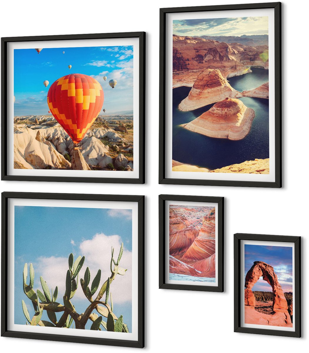 Coloray 5-Delige Schilderij Set - Natuurlijke Landschappen Met Bergen En Waterpartijen - 50 x 50 cm, 20 x 30 cm En 40 x 60 cm - Muurdecoratie - Wanddecoratie - Hal Zwarte lijst