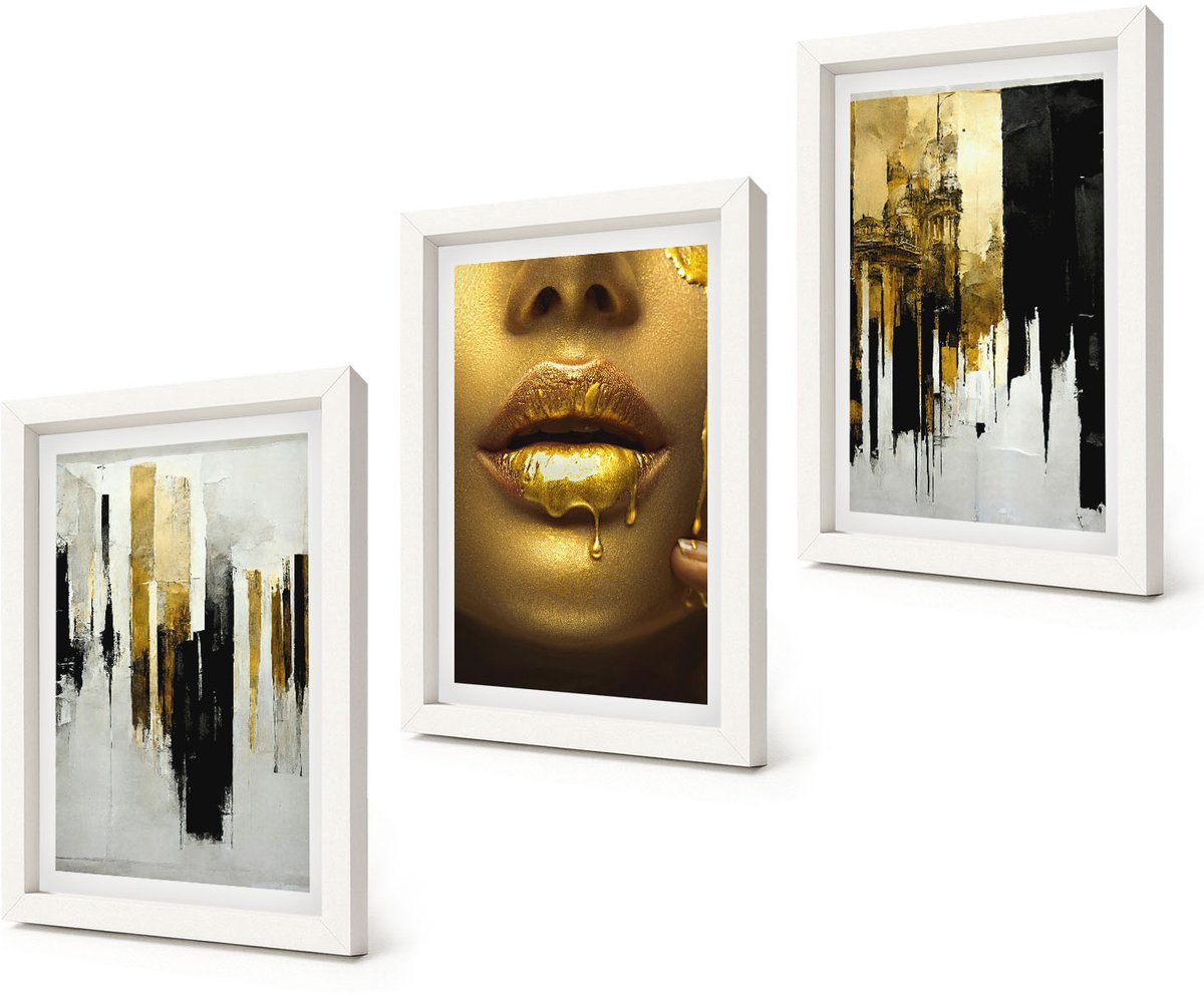 Coloray 3-Delige Schilderij Set - Abstracte schilderkunst en portret van een vrouw - 20x30 - Muurdecoratie - Decoratieve Schilderijen - Wohnzimmer