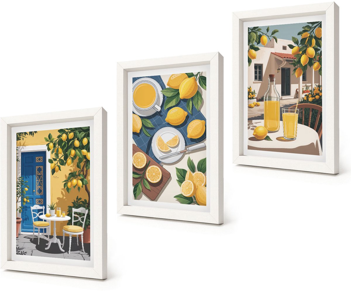 Coloray 3-Delige Schilderij Set - Lemonade, Italiaans uitzicht en een zonnig terras - 20x30 - Schilderijen Set - Wanddecoratie - Woonkamer