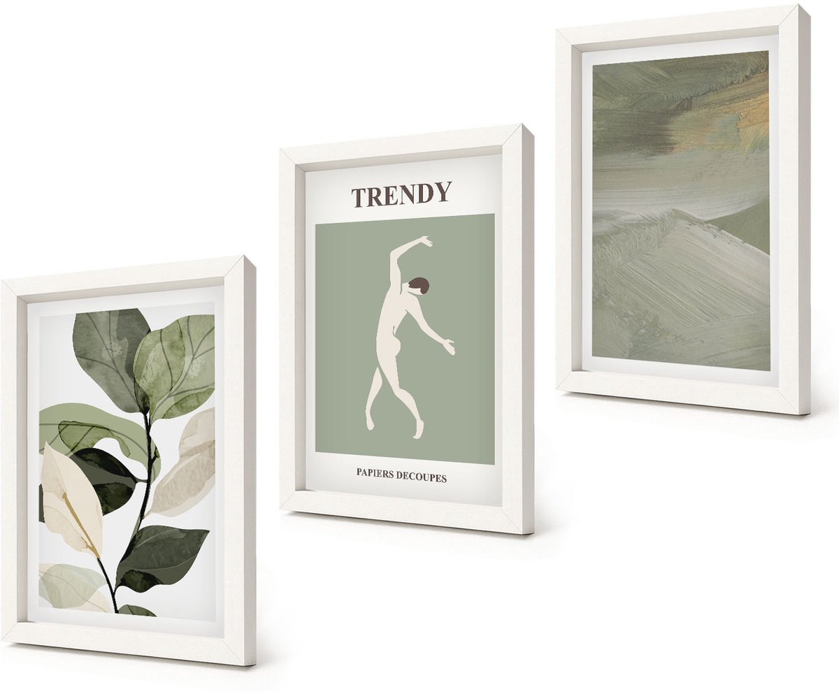 Coloray 3-Delige Schilderij Set - Plantenpatronen met silhouetten en abstracte vormen - 20x30 - Wanddecoratie - Moderne Interieurdecoratie - Woonkamer Decoratie
