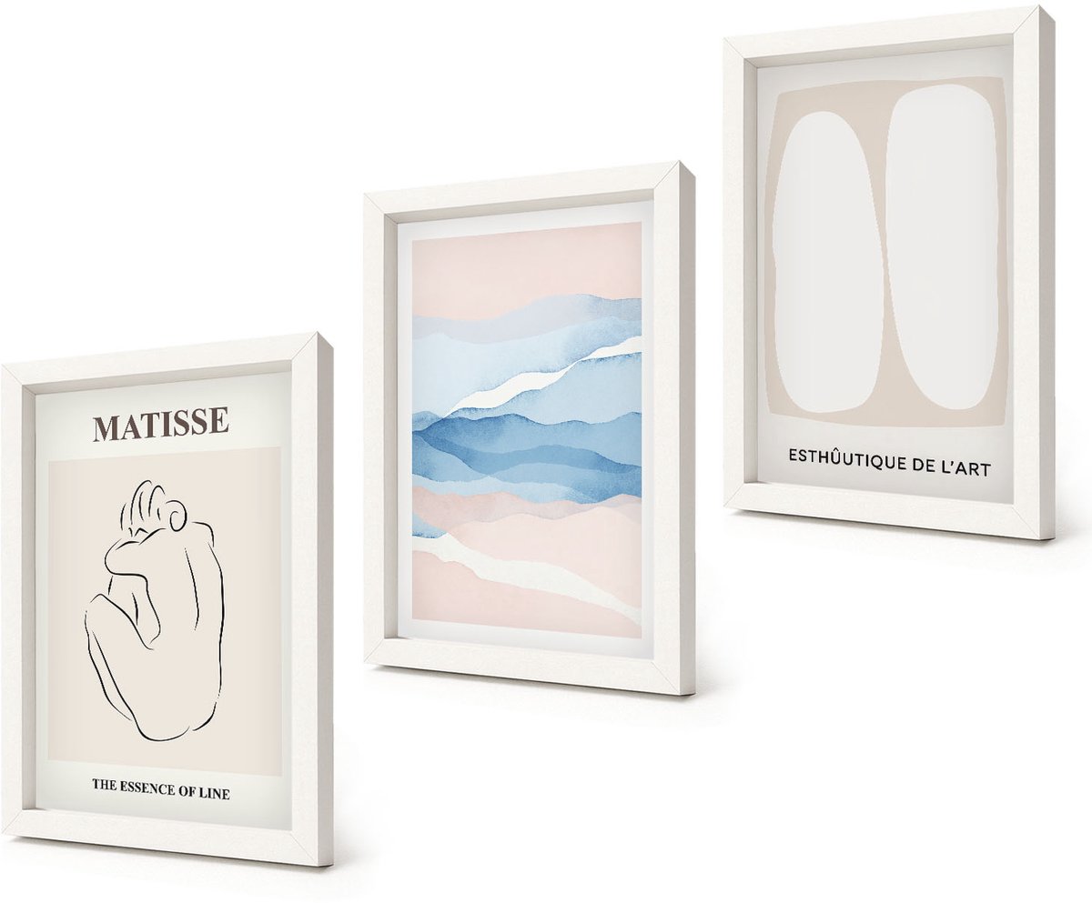 Coloray 3-Delige Schilderij Set - Abstracte vormen en delicate kleuren van Matisse - 20x30 - Stijlvolle Wanddecoratie - Interieur - Interieur Decoratie