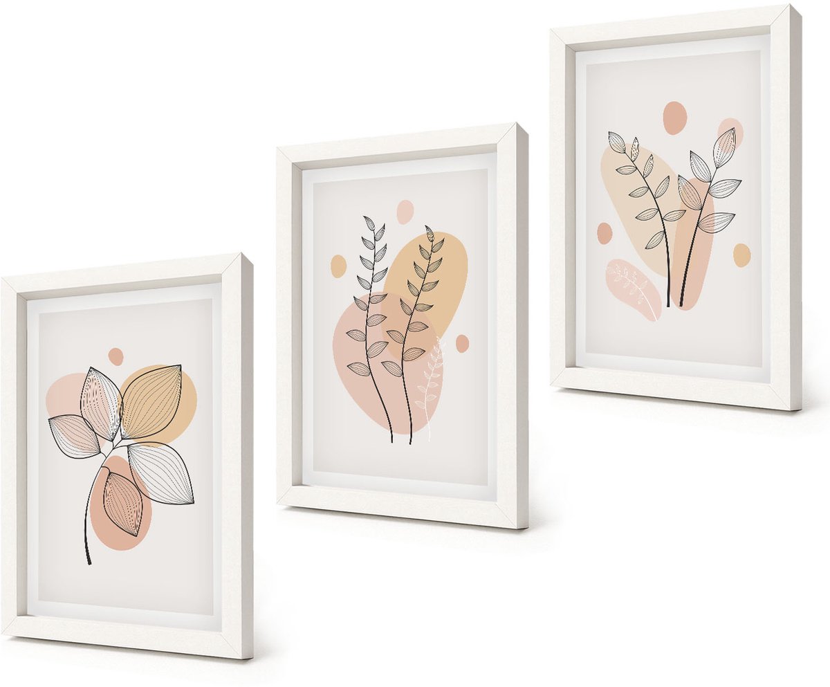 Coloray 3-Delige Schilderij Set - Minimalistische planttekeningen in pastelkleuren - 20x30 - Stijlvolle Wanddecoratie - Interieur - Decoratieve Schilderijen